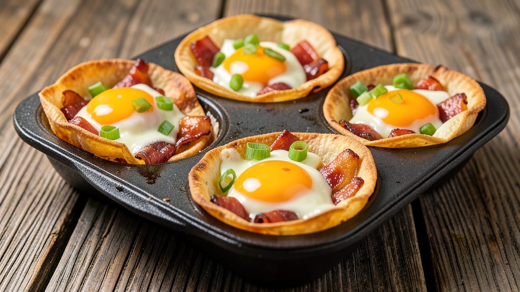 Bacon and Egg Muffin Pan Recipe: Crispy Tortilla Cups With Salty-Sweet Yolk Fusion