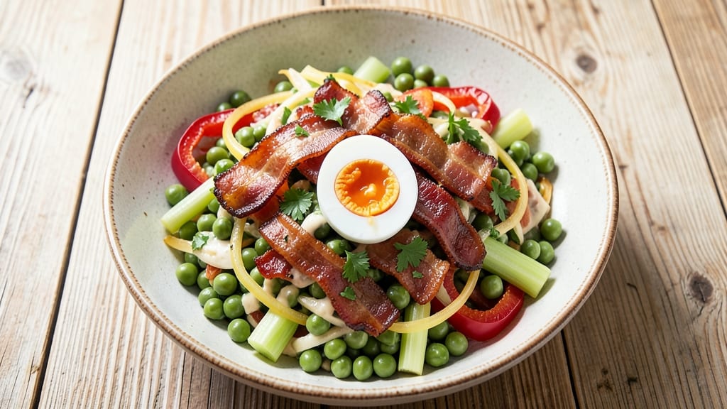 Southern Pea Salad Recipe with Egg and Bacon: Crispy Bacon Bites and Creamy Egg Ribbons