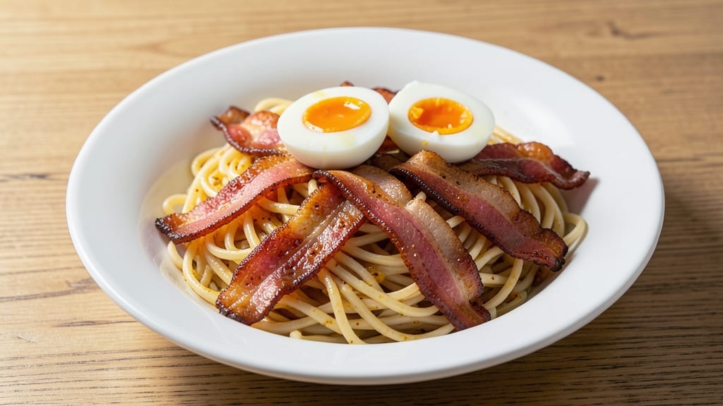 Bacon and Egg Noodle Recipe: Crispy Bacon Bites and Silky Poached Eggs
