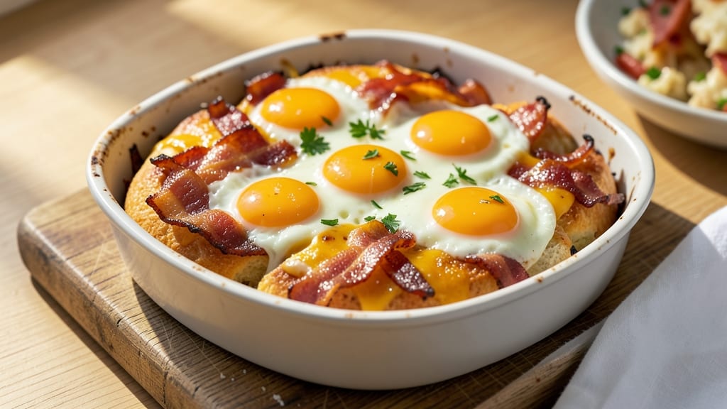 Bacon, Egg, and Cheese Biscuit Bake Recipe: Crispy-Topped Breakfast Casserole with Runny Yolk Magic